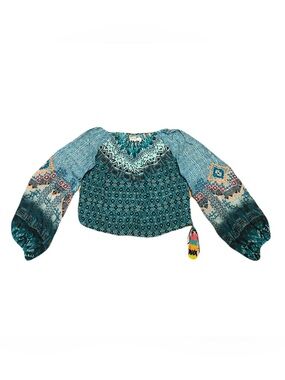 Rococo Sand Silk Off / Cold Shoulder Long Puff Sleeve Crop Top in Teal, Small